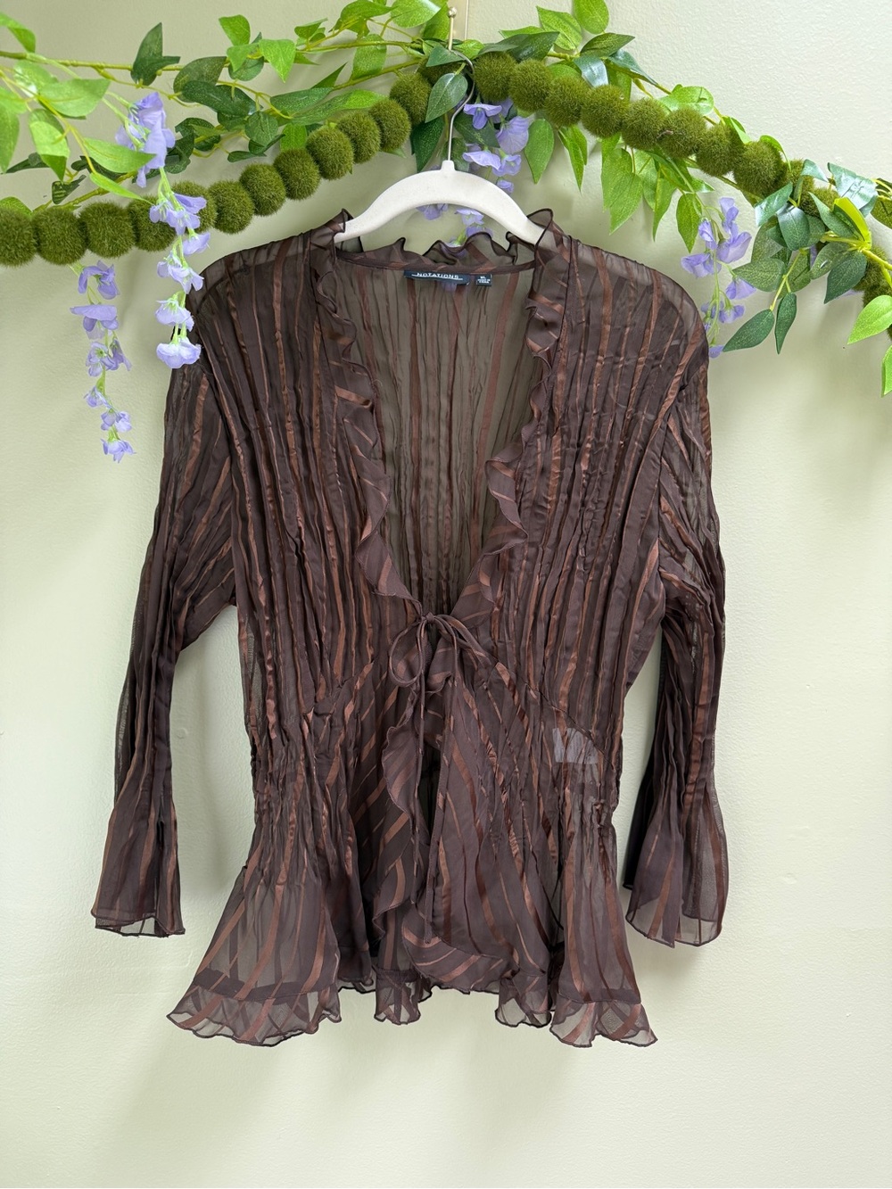 Notations Y2K Brown Sheer Boho Tie Front Top, size XL - Picture 1 of 7